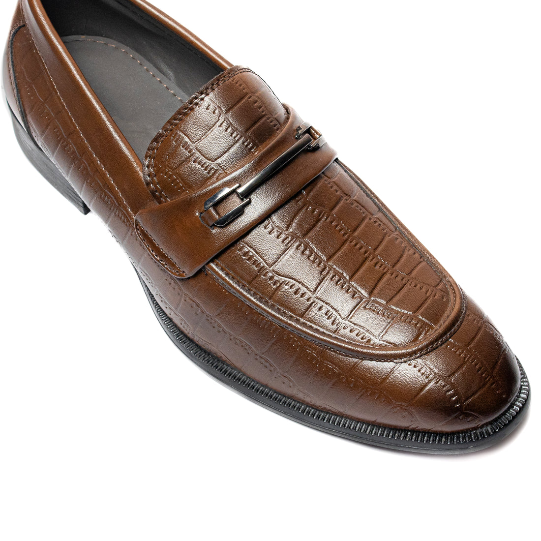 Bold Bunny Elegant Brown Cushioned Loafers & Casual Shoes featuring a luxurious crocodile-embossed design and a sleek metallic buckle. These slip-on loafers combine comfort and style, making them ideal for both formal occasions and casual outings.