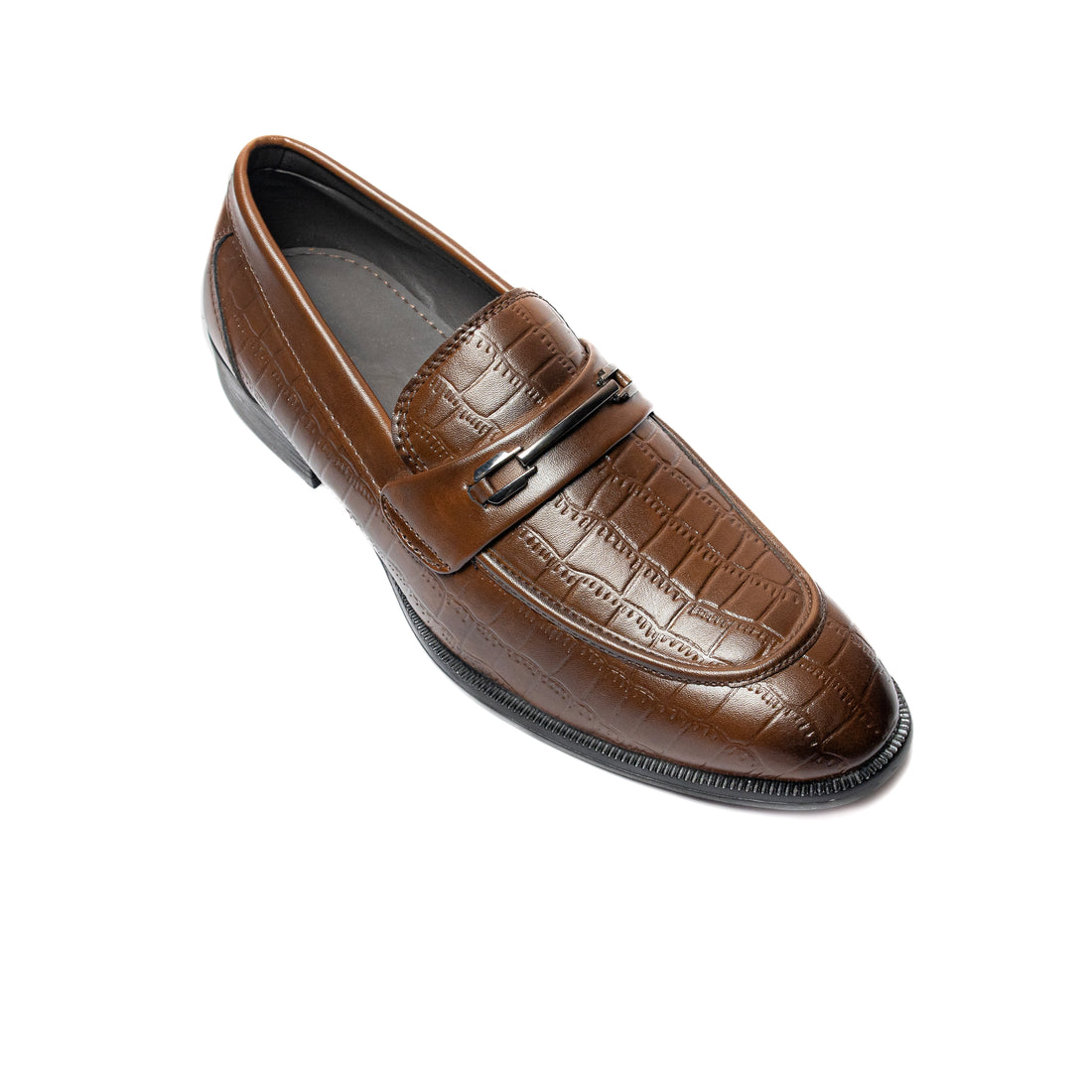 Bold Bunny Elegant Brown Cushioned Loafers & Casual Shoes featuring a luxurious crocodile-embossed design and a sleek metallic buckle. These slip-on loafers combine comfort and style, making them ideal for both formal occasions and casual outings.