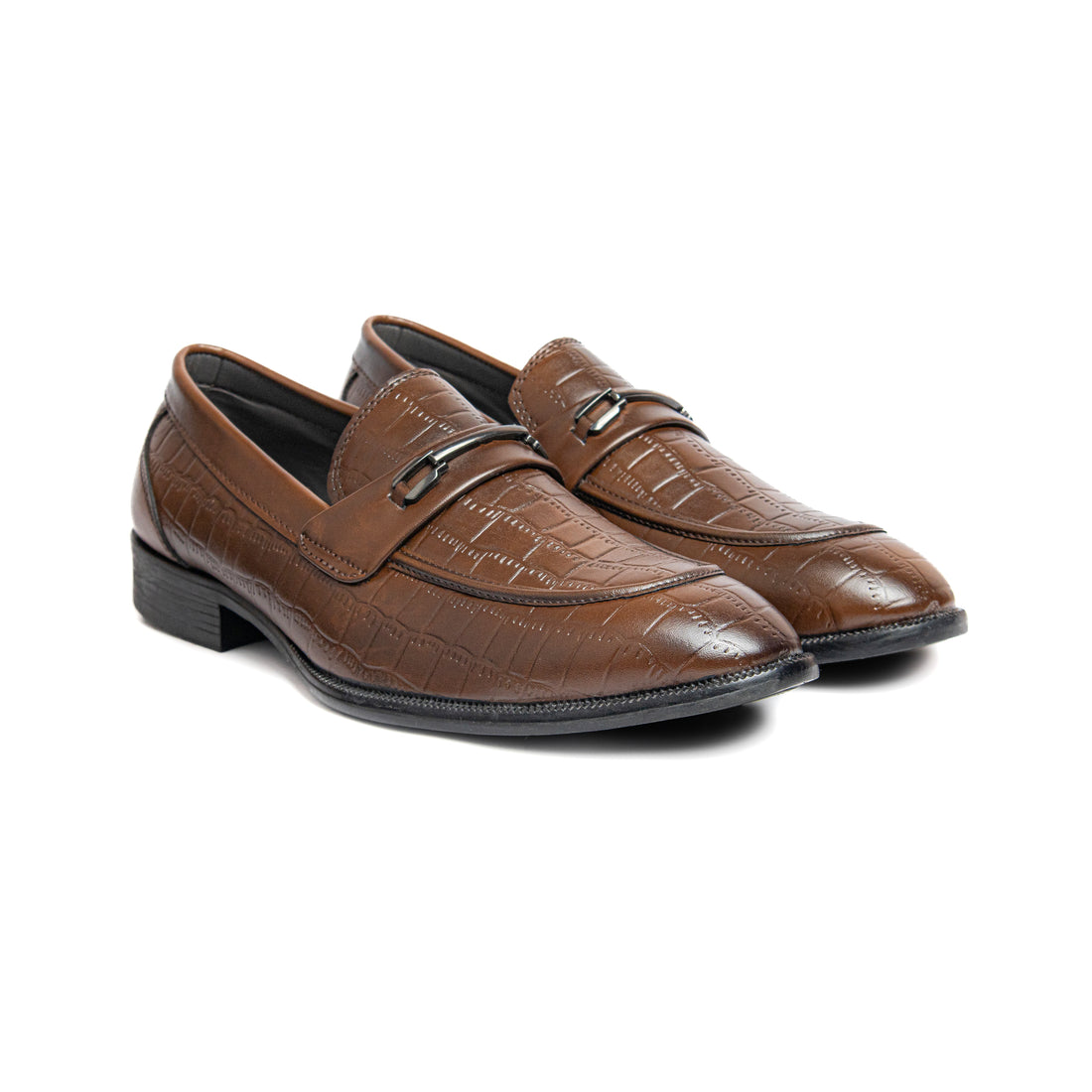 Bold Bunny Elegant Brown Cushioned Loafers & Casual Shoes featuring a luxurious crocodile-embossed design and a sleek metallic buckle. These slip-on loafers combine comfort and style, making them ideal for both formal occasions and casual outings.