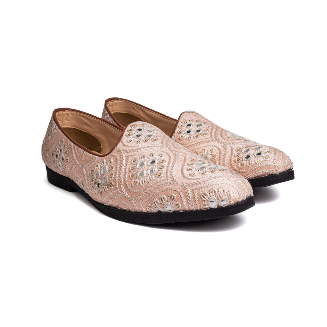 Bold Bunny Traditional Embroidered Loafers for men featuring intricate beige floral patterns, perfect for formal occasions and cultural events. These slip-on shoes combine elegance with comfort, offering a stylish touch to any outfit.