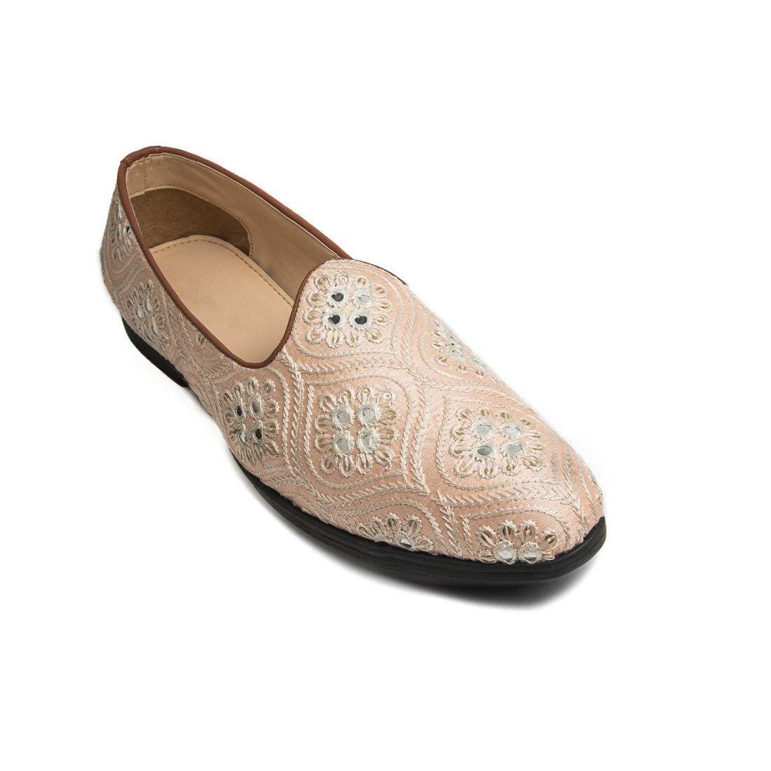 Bold Bunny Traditional Embroidered Loafers for men featuring intricate beige floral patterns, perfect for formal occasions and cultural events. These slip-on shoes combine elegance with comfort, offering a stylish touch to any outfit.