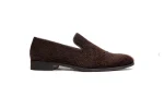 Close up of rich brown velvet leather loafers with grosgrain ribbon