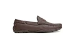 Close up of supple brown leather loafers with moccasin stitching
