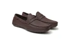 Close up of supple brown leather loafers with moccasin stitching
