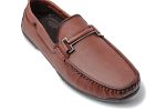 Close up of supple tan leather loafers with stitched moccasin toe accents