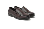 Photo of brown vegan leather double monk strap shoes with brogue detailing.