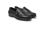 Image of black leather double monk strap dress shoes with silver buckles.