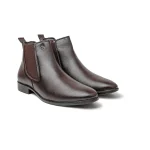 Brown leather-based Chelsea boots with elastic facet panels and a black rugged rubber sole