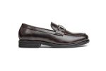 Close-up photo of supple hand-burnished brown leather slip-on loafers for men