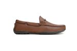 Close up of supple tan leather loafers with stitched moccasin toe accents