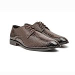 Brown leather lace-up derby shoes with white contrast sole.