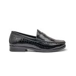 A pair of vibrant black leather-based loafers with a crocodile pores and skin texture and gold steel elaborations on the toes.
