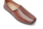 Tan leather loafers with colorful geometric patterns embroidered on the toes and heels.
