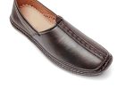 Brown leather-based loafers with multicolored geometric embroidery on the rounded toes.